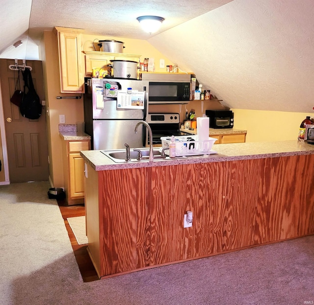 kitchen with carpet floors, stainless steel appliances, vaulted ceiling, a sink, and a textured ceiling