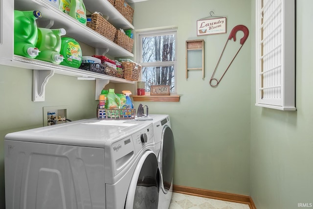 laundry area featuring laundry area, baseboards, and washing machine and clothes dryer