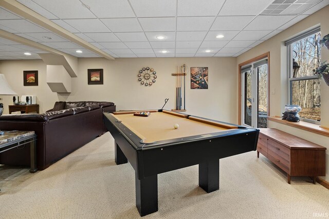 game room with a drop ceiling, light colored carpet, recessed lighting, billiards, and visible vents