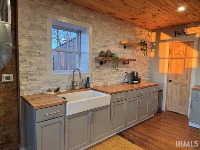 kitchen featuring a sink, wooden counters, wooden ceiling, and gray cabinets