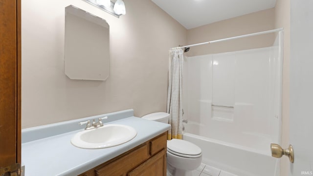 bathroom with shower / tub combo with curtain, vanity, toilet, and tile patterned floors