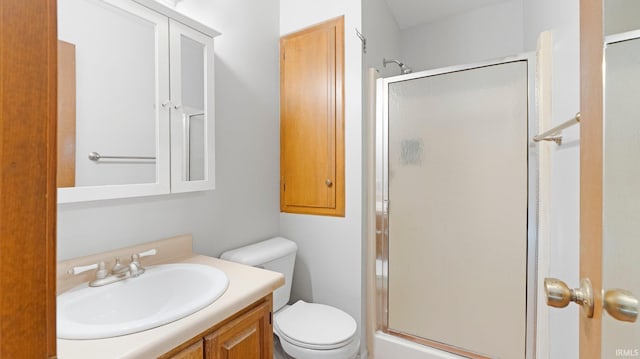 bathroom featuring toilet, a shower stall, and vanity