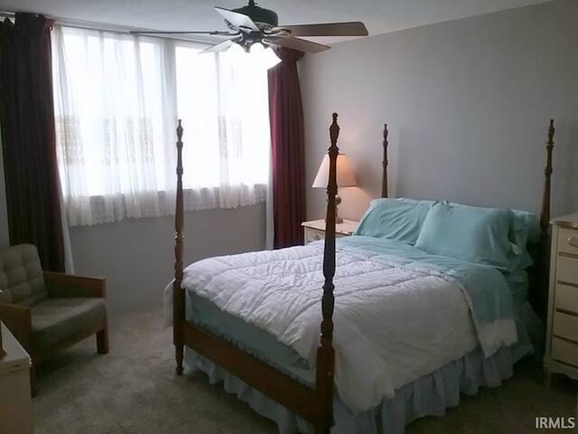 carpeted bedroom featuring multiple windows and ceiling fan