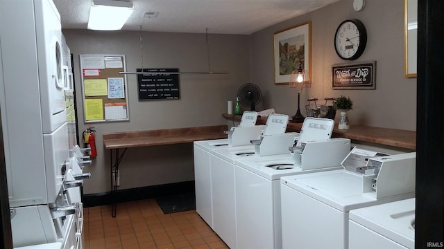 shared laundry area with light tile patterned floors, washer and clothes dryer, and stacked washer / dryer