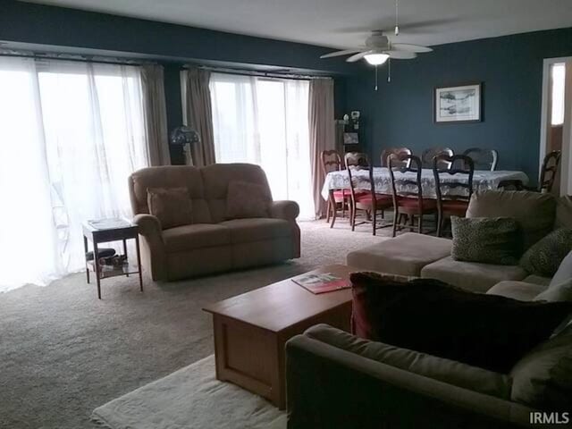 living area with ceiling fan, carpet, and a healthy amount of sunlight