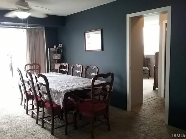 dining room featuring ceiling fan and carpet