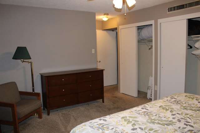 bedroom with visible vents, two closets, and carpet flooring