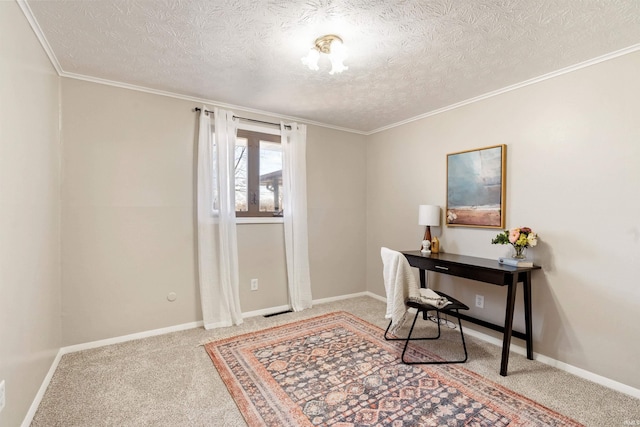 carpeted home office featuring crown molding, a textured ceiling, and baseboards