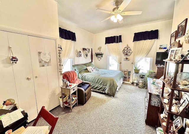 bedroom featuring carpet flooring and ceiling fan