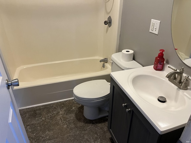 bathroom with toilet,  shower combination, and vanity