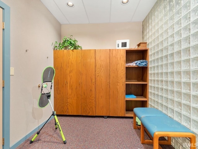 rec room featuring recessed lighting, baseboards, and carpet