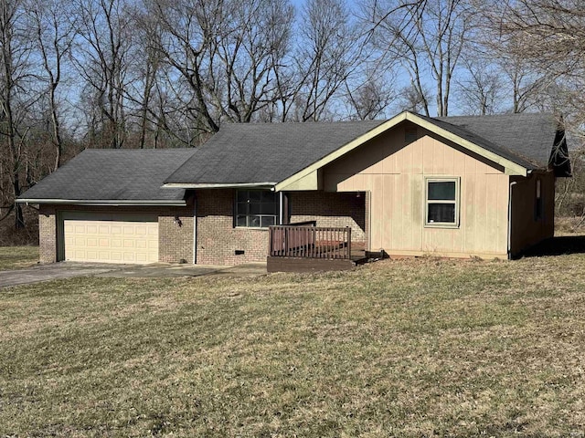 ranch-style home with brick siding, aphalt driveway, a front yard, and an attached garage