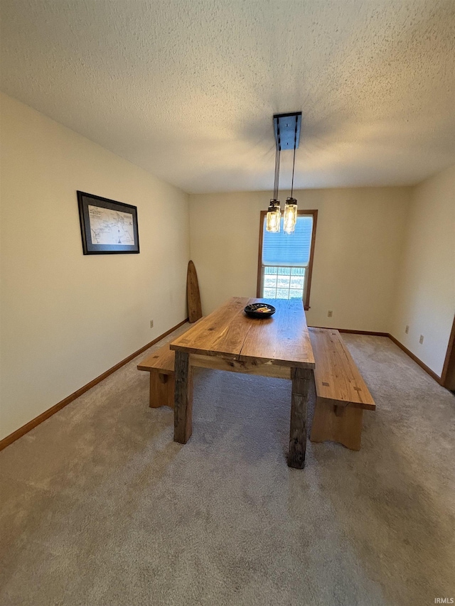 unfurnished dining area featuring carpet flooring, a textured ceiling, and baseboards