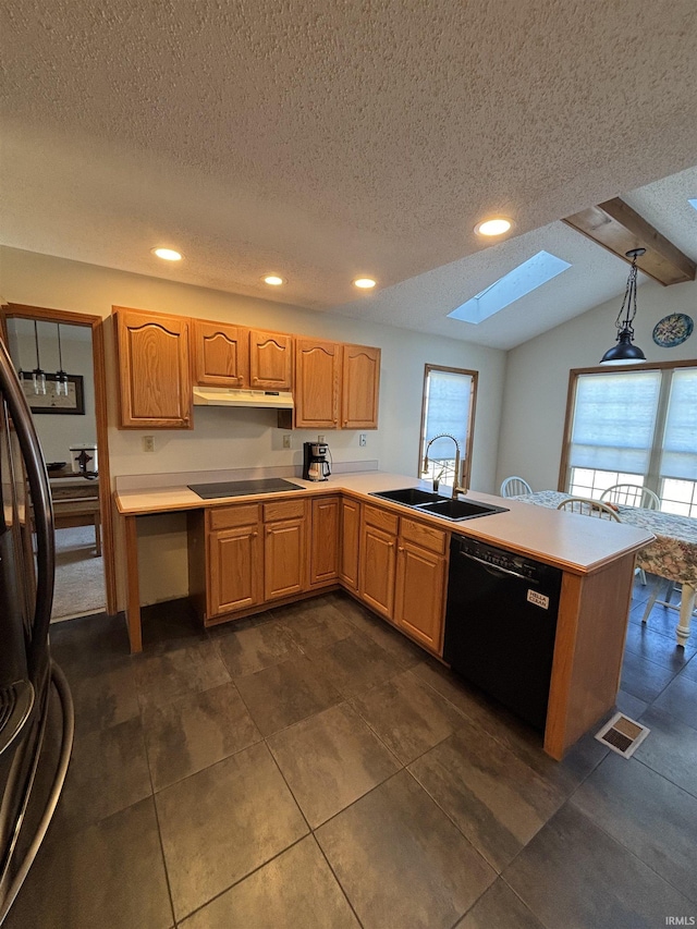 kitchen featuring black appliances, a healthy amount of sunlight, under cabinet range hood, and a sink