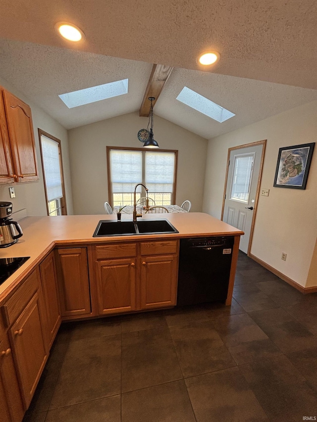 kitchen with black appliances, lofted ceiling with beams, light countertops, and a sink