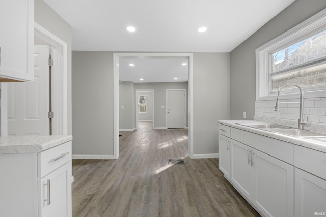 kitchen featuring wood finished floors, baseboards, visible vents, a sink, and decorative backsplash