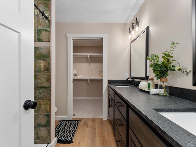 full bathroom featuring double vanity, wood finished floors, a walk in closet, and a sink