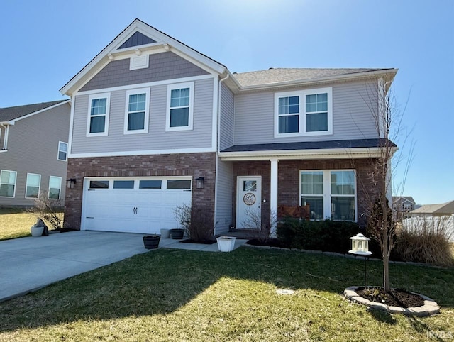 view of front facade featuring concrete driveway, an attached garage, brick siding, and a front yard