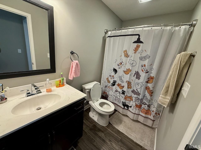 bathroom featuring curtained shower, toilet, wood finished floors, and vanity