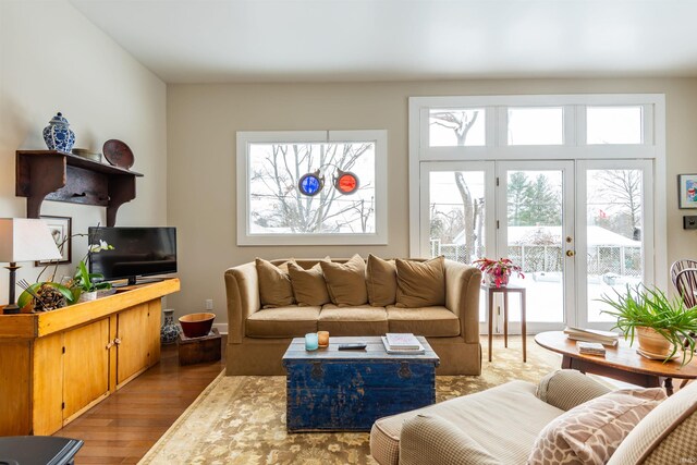 living room with plenty of natural light and wood finished floors