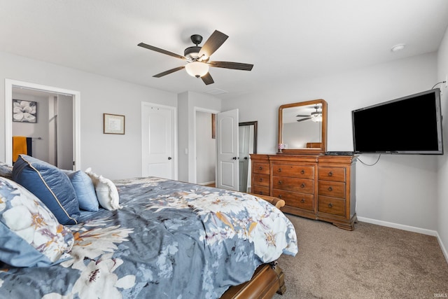 bedroom featuring carpet flooring, visible vents, a ceiling fan, and baseboards