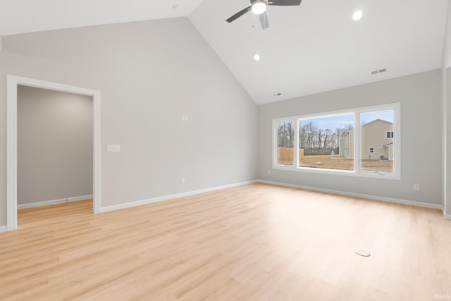 unfurnished living room featuring baseboards, high vaulted ceiling, ceiling fan, and light wood finished floors