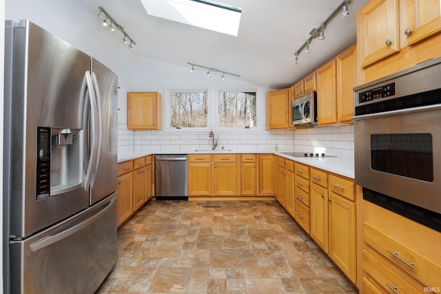 kitchen featuring a sink, vaulted ceiling with skylight, tasteful backsplash, and stainless steel appliances