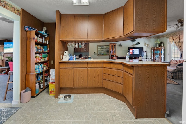 kitchen with a textured ceiling, a peninsula, and light countertops