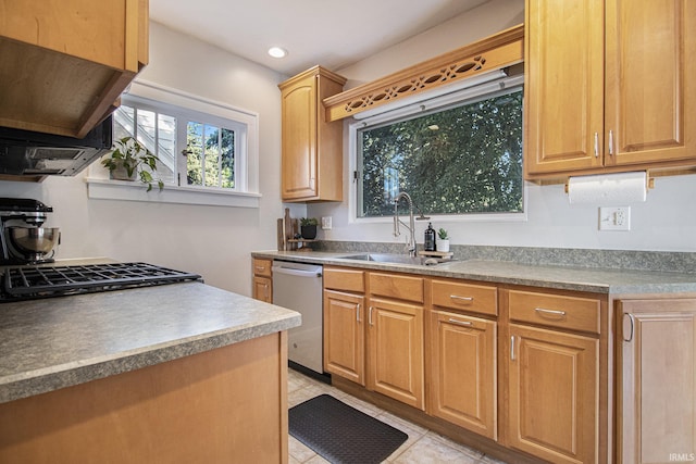 kitchen featuring stainless steel dishwasher, light tile patterned floors, recessed lighting, and a sink