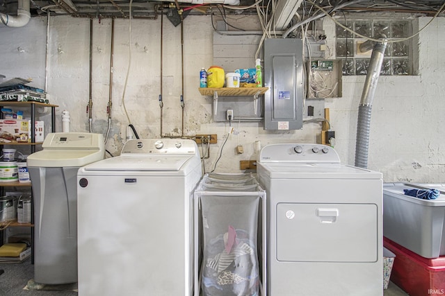 laundry room with electric panel, independent washer and dryer, and laundry area