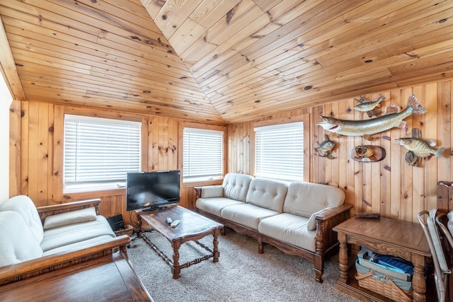 living room featuring wood walls, wooden ceiling, and vaulted ceiling