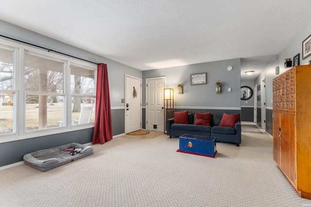 living area with baseboards, a textured ceiling, and carpet flooring