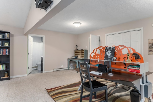 office space featuring a textured ceiling, baseboards, baseboard heating, and carpet floors