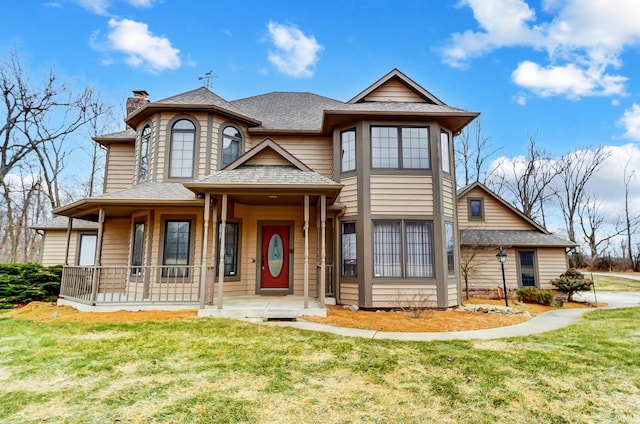 view of front of property featuring a front lawn, a porch, roof with shingles, and a chimney