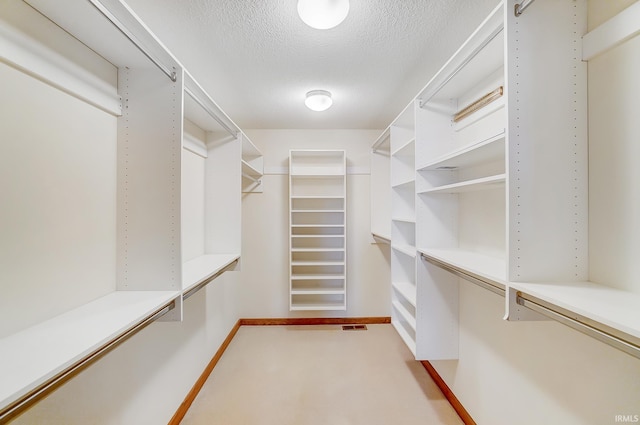 walk in closet featuring light carpet