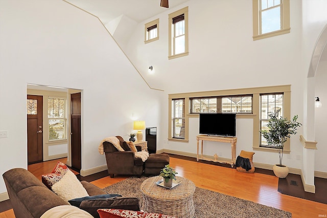 living area with a healthy amount of sunlight, baseboards, and wood finished floors