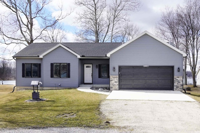 ranch-style home featuring driveway, a front lawn, stone siding, roof with shingles, and an attached garage