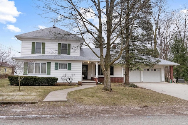 view of front facade featuring a garage, brick siding, concrete driveway, and a shingled roof