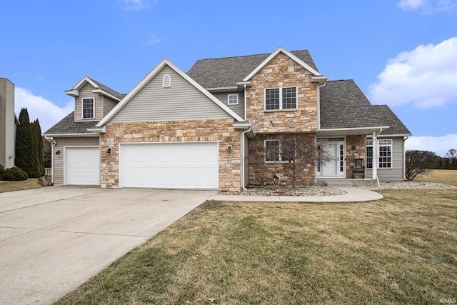 view of front of property featuring a front lawn, concrete driveway, an attached garage, and a shingled roof