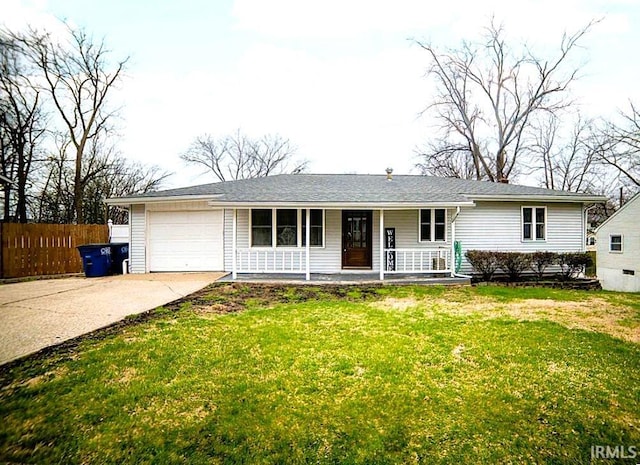 ranch-style house featuring fence, driveway, covered porch, a front lawn, and a garage