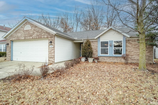 single story home featuring driveway, brick siding, an attached garage, and a shingled roof