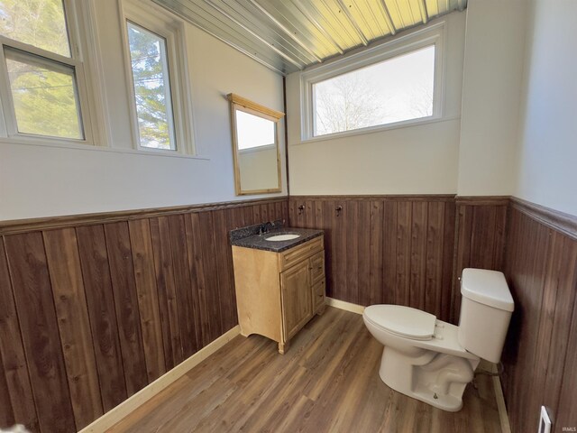 bathroom with plenty of natural light, toilet, and wainscoting