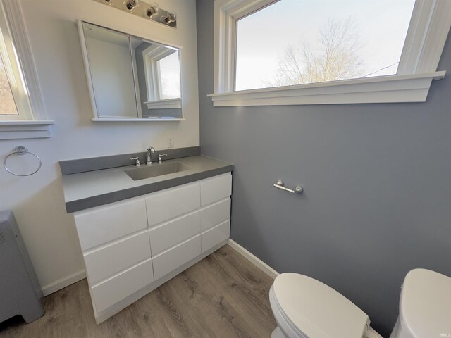 bathroom with baseboards, toilet, wood finished floors, and vanity