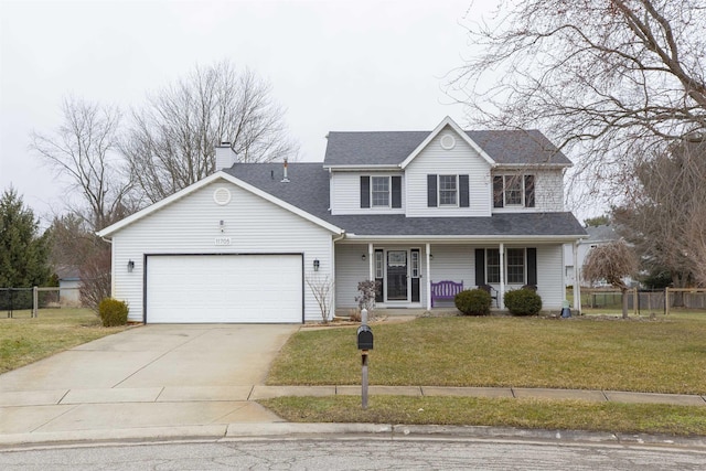 traditional home featuring a front lawn, fence, a porch, driveway, and an attached garage