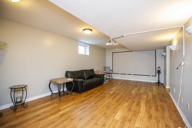 cinema with light wood-style floors and baseboards