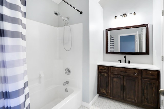 904 S Deer Run, Ellettsville, IN 47429 - bathroom with tile patterned floors, shower / bath combination with curtain, vanity, and baseboards