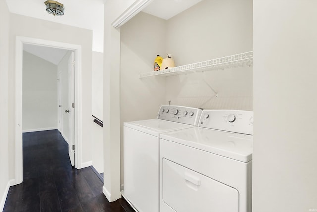 904 S Deer Run, Ellettsville, IN 47429 - laundry room featuring dark wood finished floors, laundry area, washing machine and dryer, and baseboards