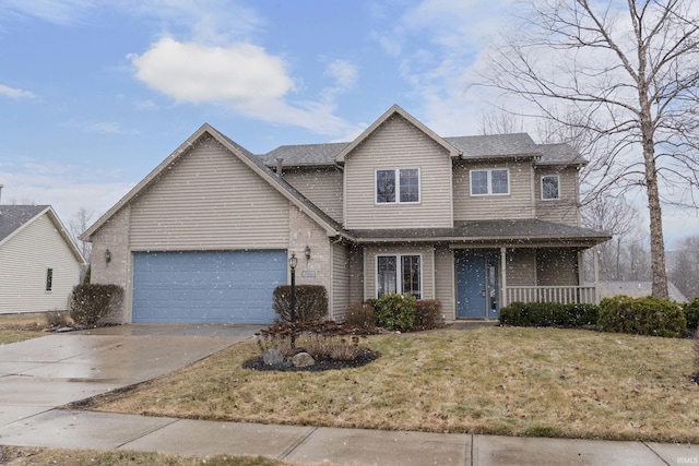 traditional-style house featuring a garage, a porch, concrete driveway, and a front lawn