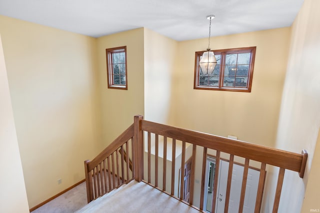 stairway featuring baseboards and carpet floors