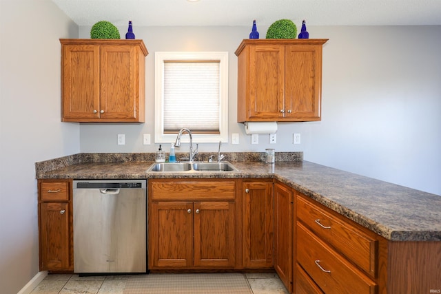 kitchen featuring dark countertops, brown cabinets, a peninsula, stainless steel dishwasher, and a sink